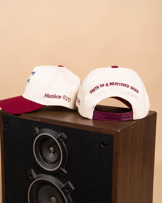 Foams Clothing Matthew 17:20 Faith Of A Mustard Seed hat cream burgundy embroidery